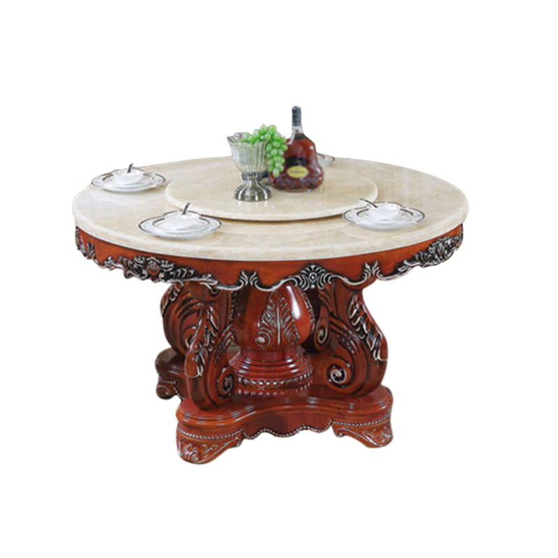 Oak Wood Victorian Round Dining Table Faux Marble Table with Pedestal Base