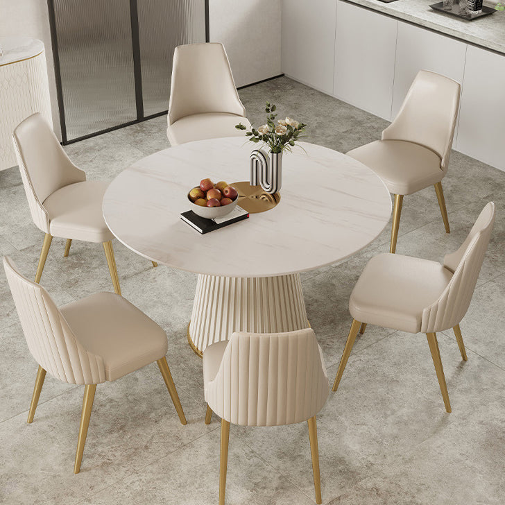 Stone Top Dining Table Round Table with Wood Pedestal Base in White