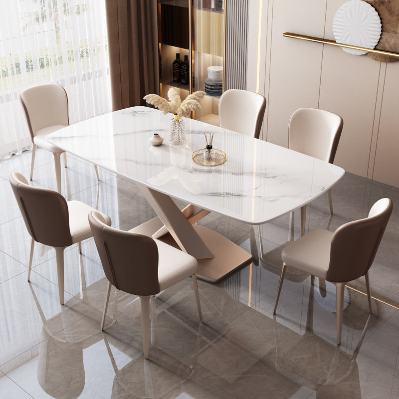 Mesa de comedor rectangular de estilo moderno de metal, mesa superior de piedra sinterizada para comedor