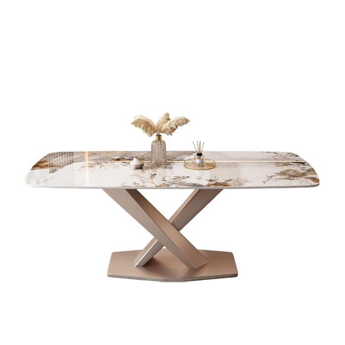Mesa de comedor rectangular de estilo moderno de metal, mesa superior de piedra sinterizada para comedor