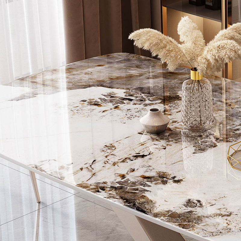 Mesa de comedor rectangular de estilo moderno de metal, mesa superior de piedra sinterizada para comedor