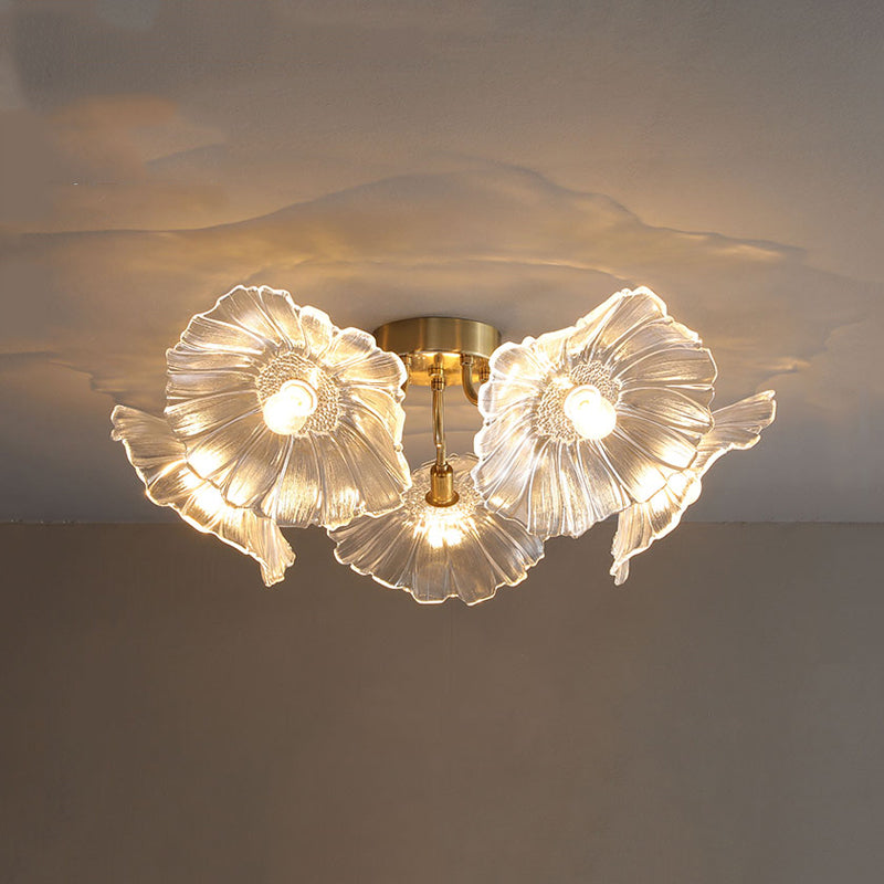 Lámpara de semi rascijada de metal dorado iluminación de techo de flores múltiples modernas con sombra de vidrio