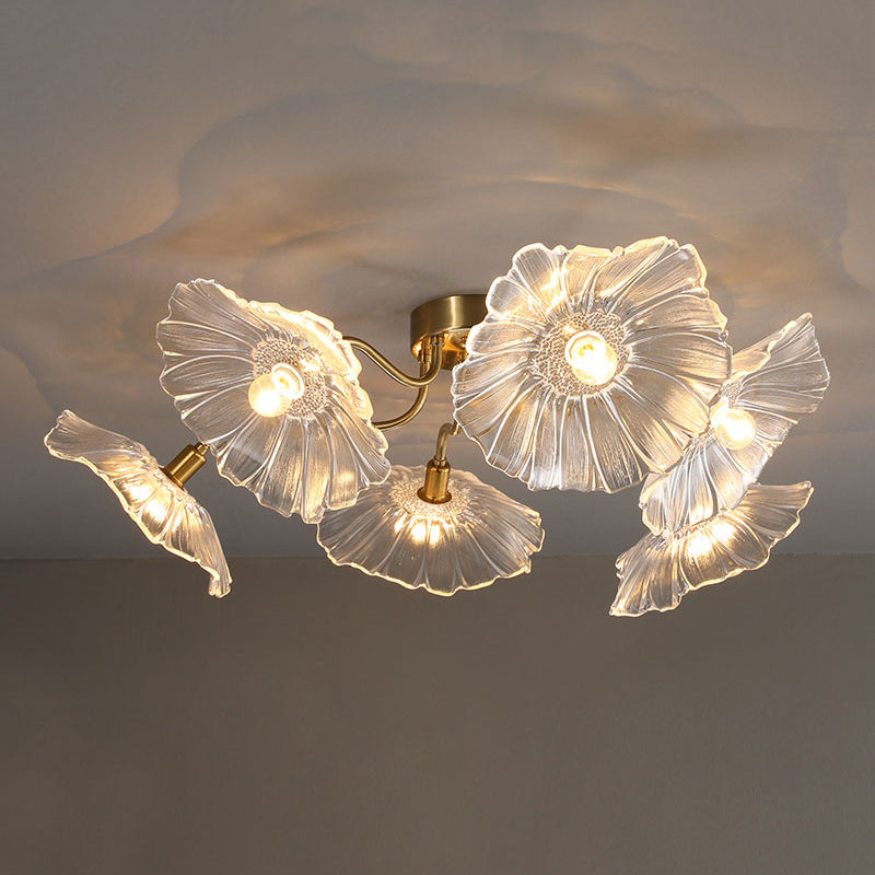 Lámpara de semi rascijada de metal dorado iluminación de techo de flores múltiples modernas con sombra de vidrio