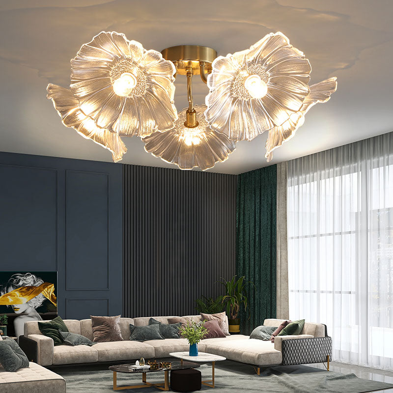 Lámpara de semi rascijada de metal dorado iluminación de techo de flores múltiples modernas con sombra de vidrio