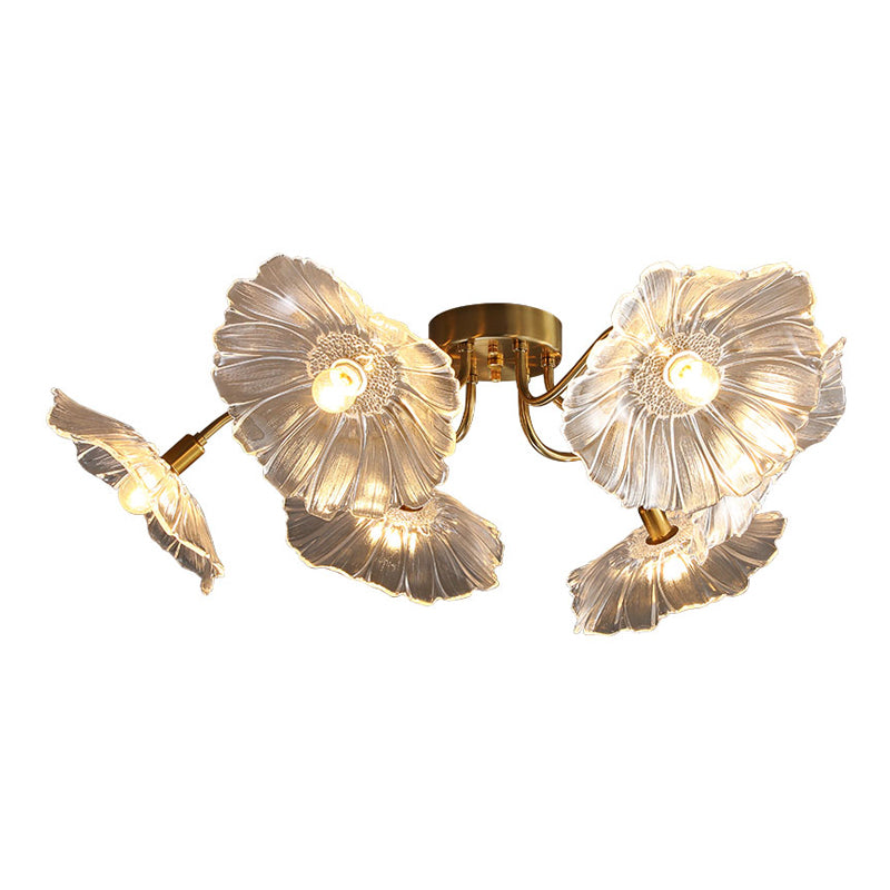 Lámpara de semi rascijada de metal dorado iluminación de techo de flores múltiples modernas con sombra de vidrio