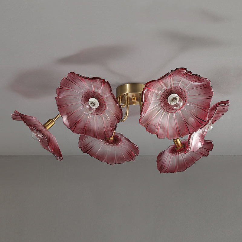 Lámpara de semi rascijada de metal dorado iluminación de techo de flores múltiples modernas con sombra de vidrio