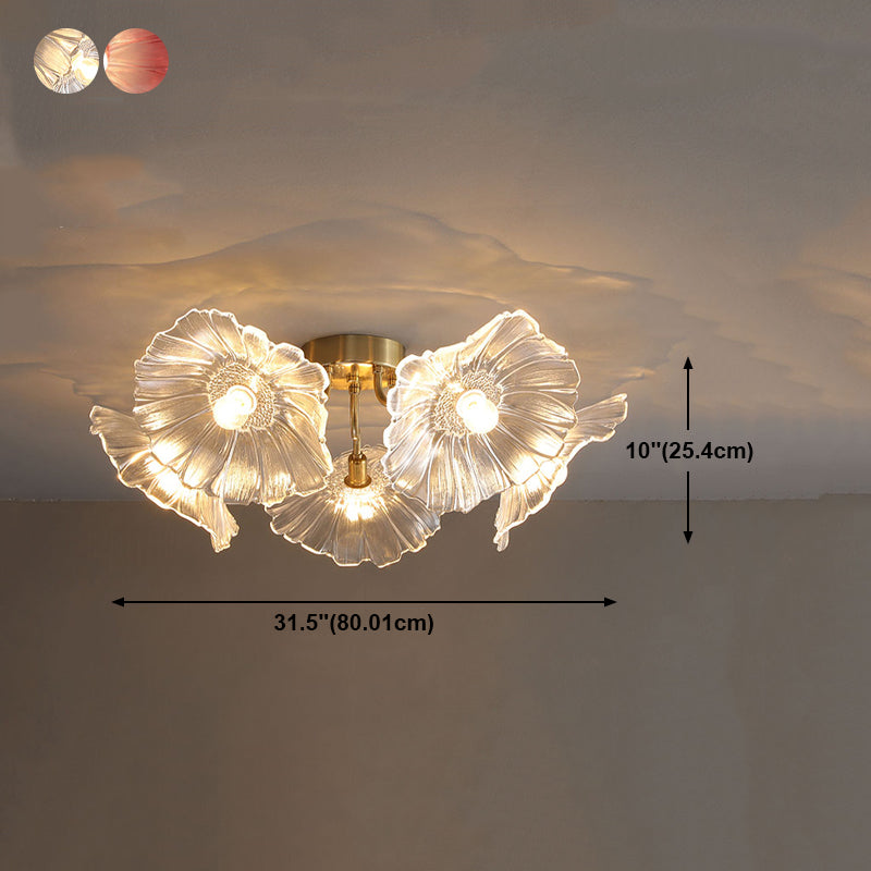 Lámpara de semi rascijada de metal dorado iluminación de techo de flores múltiples modernas con sombra de vidrio