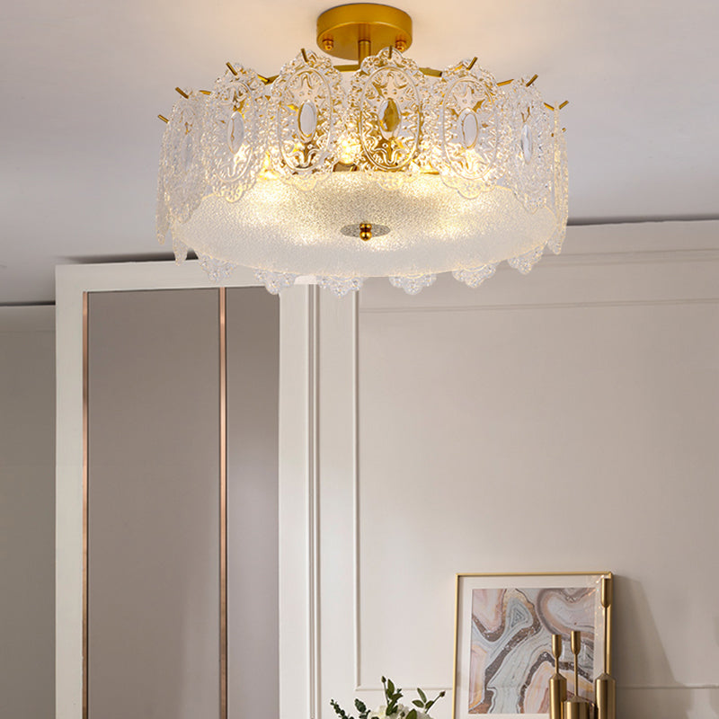 Glass Drum Shape Ceiling Flush Mount Light Modern Style Gold Ceiling Mount Light Fixture