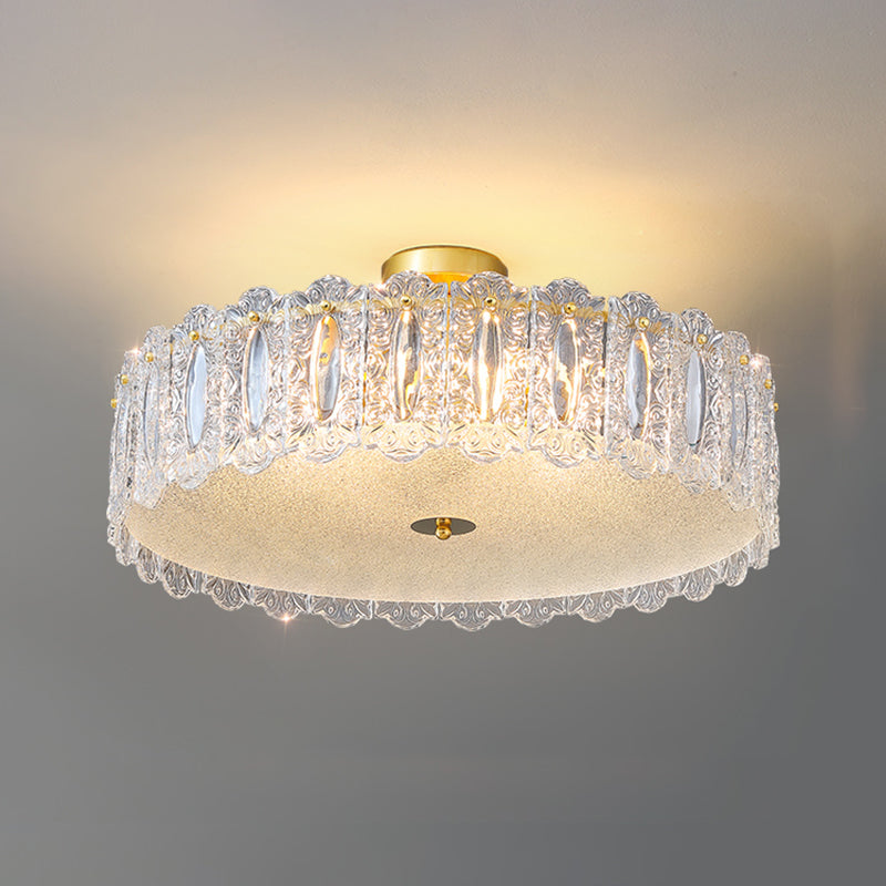 Glass Drum Shape Ceiling Flush Mount Light Modern Style Gold Ceiling Mount Light Fixture