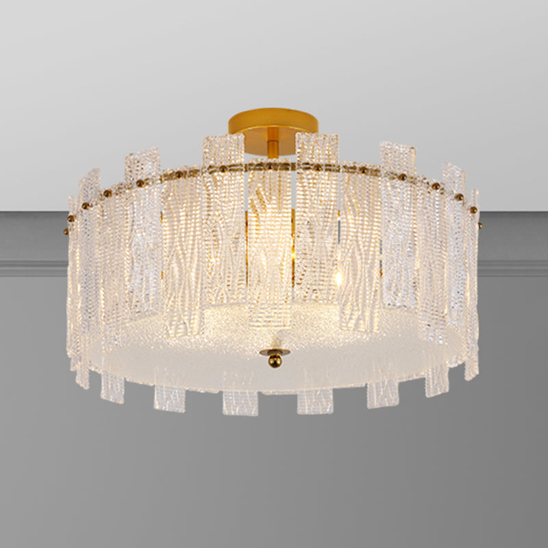 Glass Drum Shape Ceiling Flush Mount Light Modern Style Gold Ceiling Mount Light Fixture