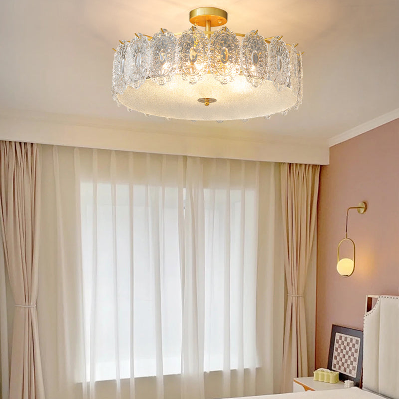 Glass Drum Shape Ceiling Flush Mount Light Modern Style Gold Ceiling Mount Light Fixture