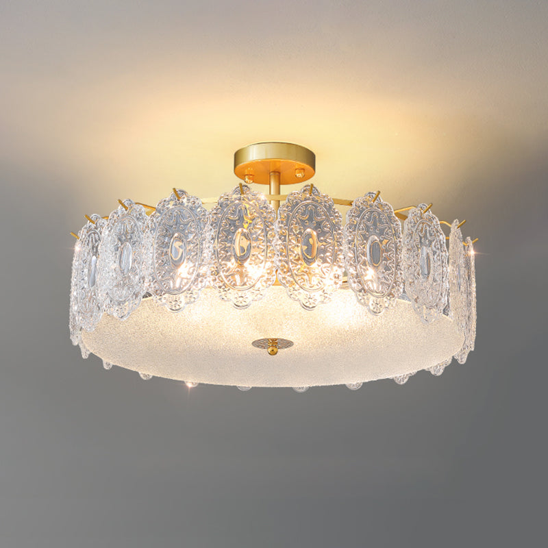 Glass Drum Shape Ceiling Flush Mount Light Modern Style Gold Ceiling Mount Light Fixture