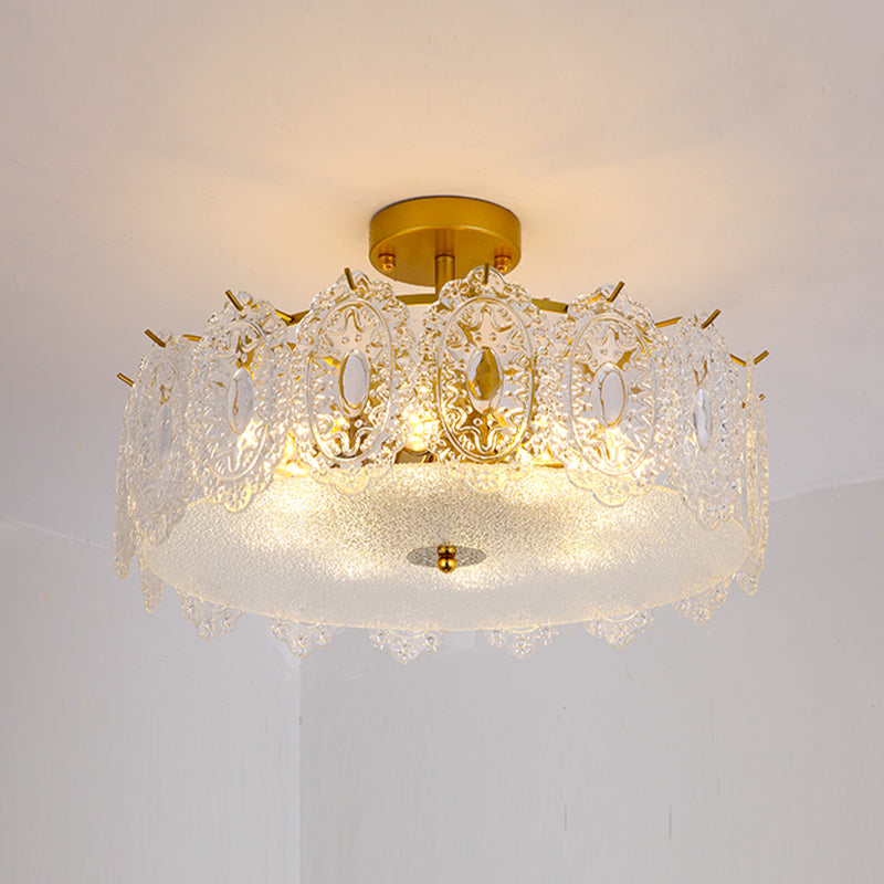Glass Drum Shape Ceiling Flush Mount Light Modern Style Gold Ceiling Mount Light Fixture