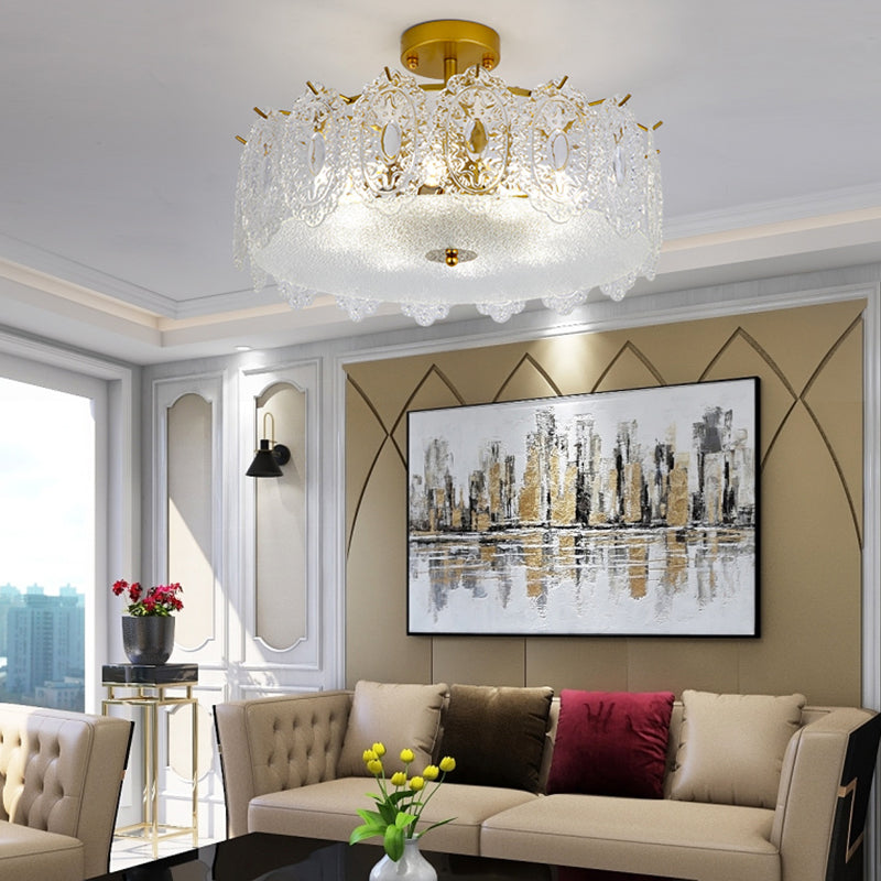 Glass Drum Shape Ceiling Flush Mount Light Modern Style Gold Ceiling Mount Light Fixture