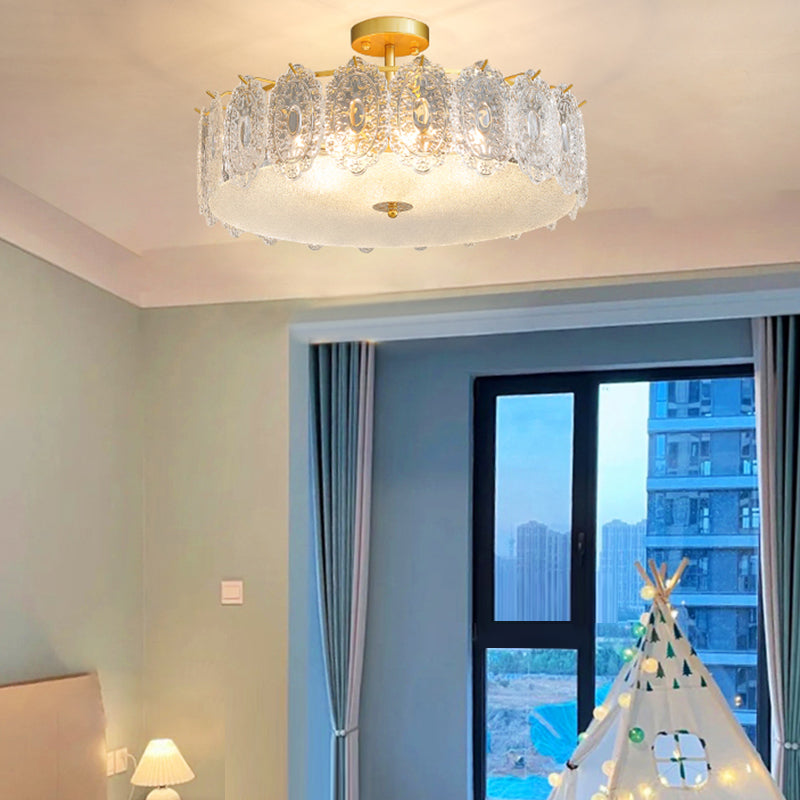 Glass Drum Shape Ceiling Flush Mount Light Modern Style Gold Ceiling Mount Light Fixture