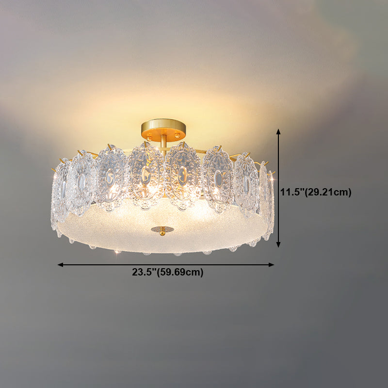 Glass Drum Shape Ceiling Flush Mount Light Modern Style Gold Ceiling Mount Light Fixture