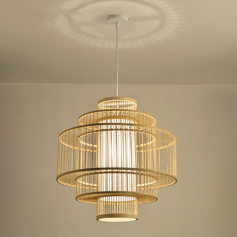 Chinese Cylinder Hanging Lamp Dining Beige Rattan Pendant Ceiling Light with 1 Light