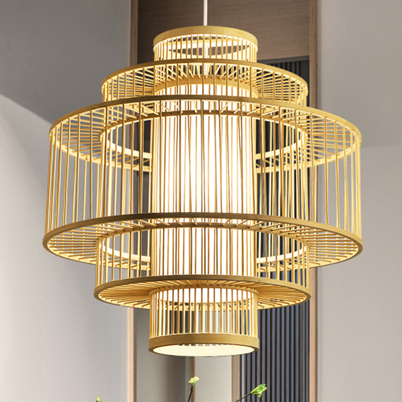 Cylindre chinois suspendu lampe à la lampe beige du plafond pendentif en rotin avec 1 lumière