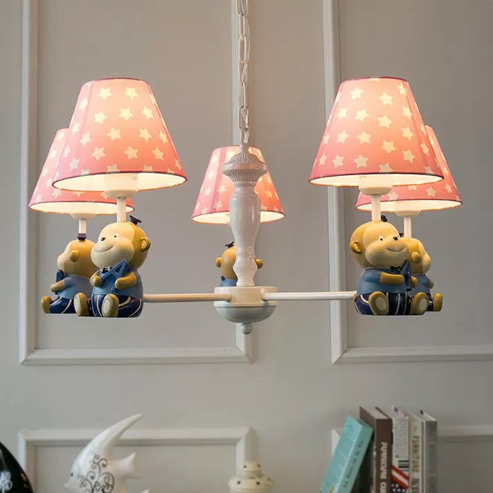 Dot Tapered Shade Chandelier Kids Metal Resin Hanging Light with Monkey for Dining Room