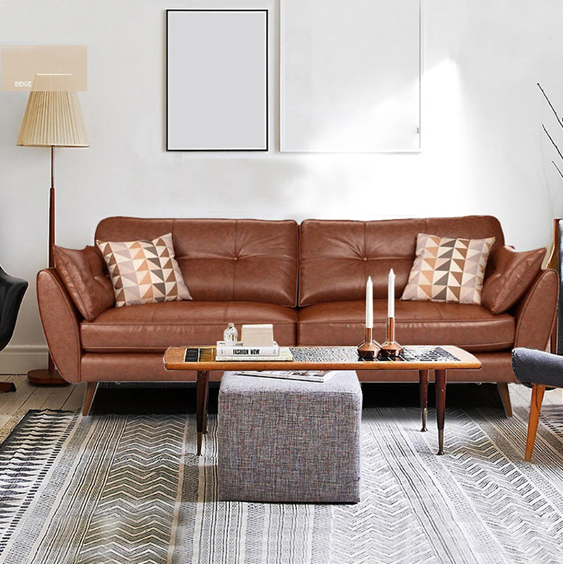 Genuine Leather Flared Arm Sofa Modern Jewel-tuft Wood Legs Sofa