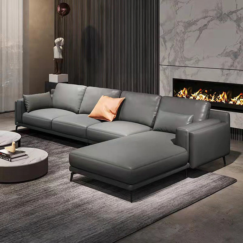 Square Arm Grey Pillowed Back Cushions Splayed Wooden Legs Sofa