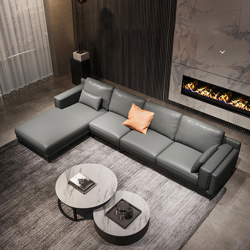 Square Arm Grey Pillowed Back Cushions Splayed Wooden Legs Sofa