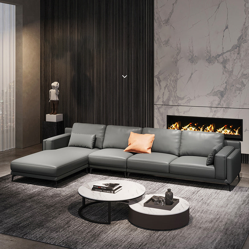 Square Arm Grey Pillowed Back Cushions Splayed Wooden Legs Sofa