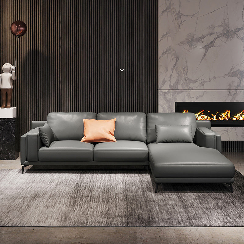 Square Arm Grey Pillowed Back Cushions Splayed Wooden Legs Sofa