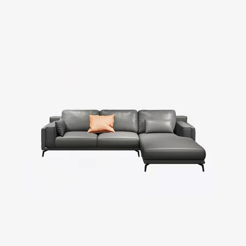 Square Arm Grey Pillowed Back Cushions Splayed Wooden Legs Sofa