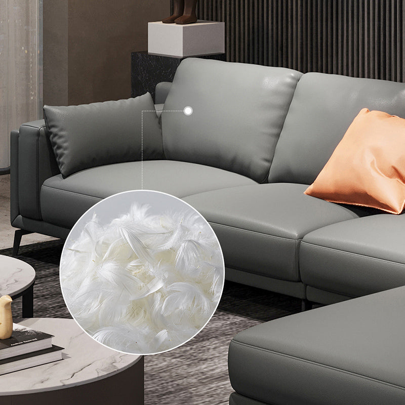 Square Arm Grey Pillowed Back Cushions Splayed Wooden Legs Sofa