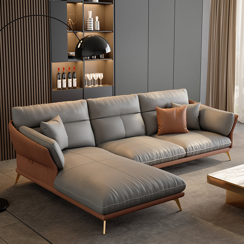 Light-grey Sewn Pillow Back Faux Leather Pillow Top Arm Sofa for Living Room