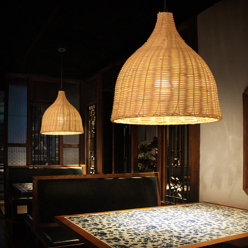 1-Light Hanging Light Fixture Asian Style Pendant Lamp with Rattan Shade for Living Room