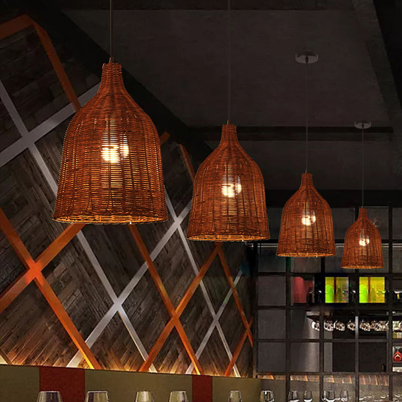 1-Light Hanging Light Fixture Asian Style Pendant Lamp with Rattan Shade for Living Room