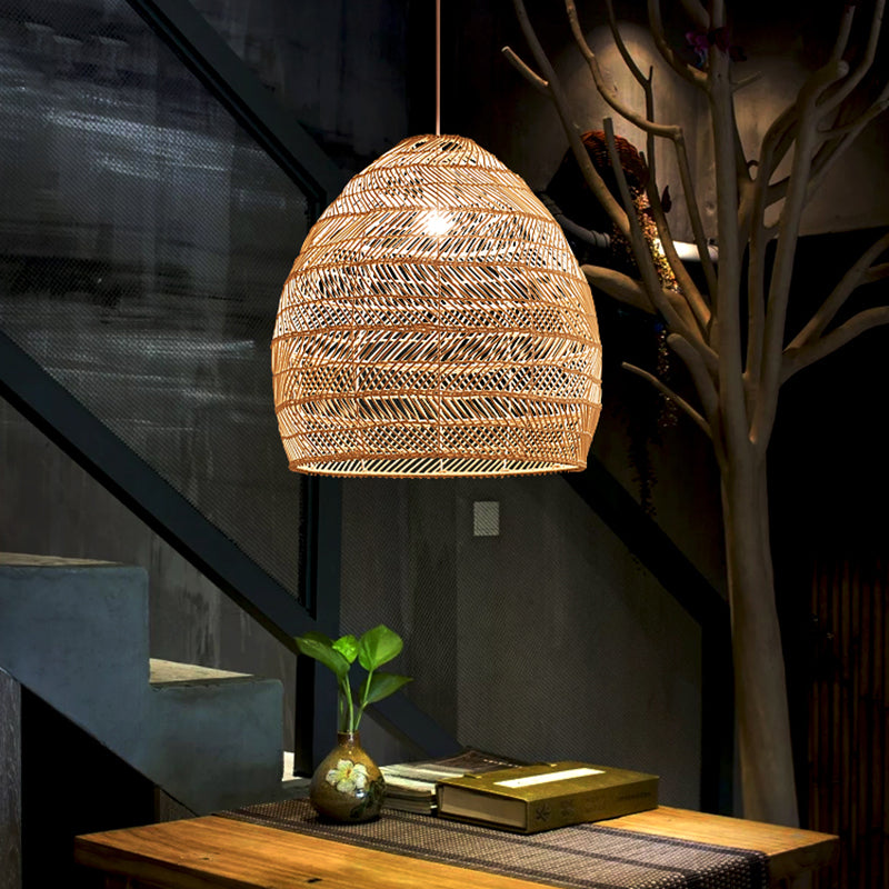 1-Light Hanging Light Fixture Asian Style Pendant Light with Rattan Shade for Bedroom