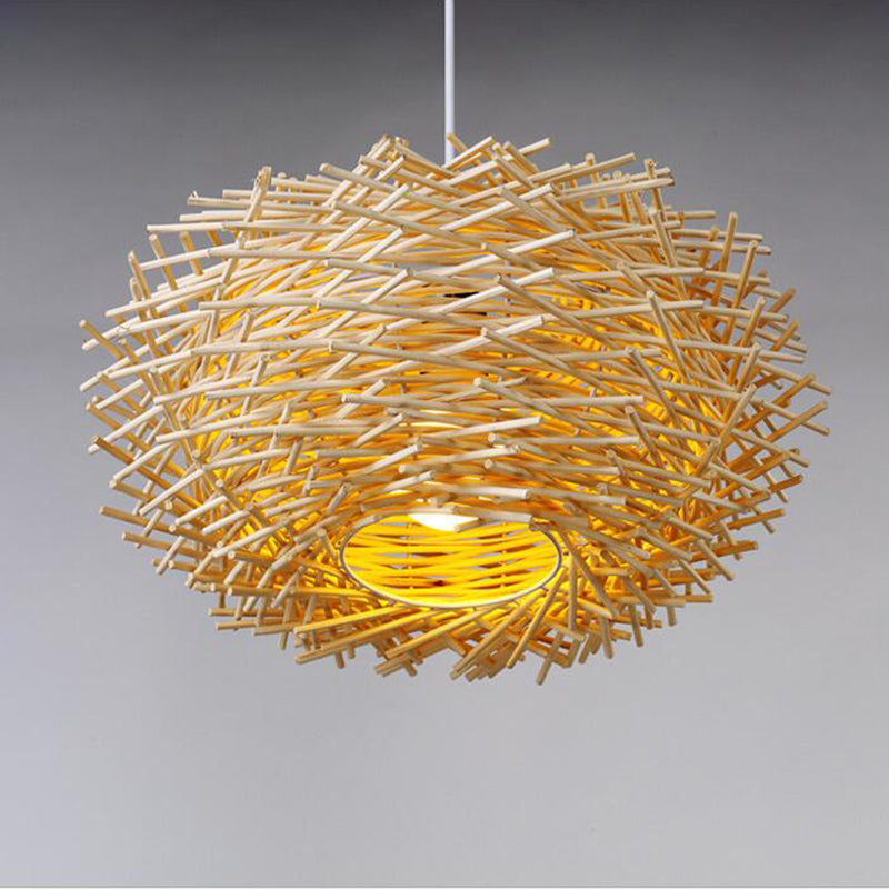 Asian Style Hanging Lamp Fixture 1-Light Pendant Light with Rattan Shade for Bedroom