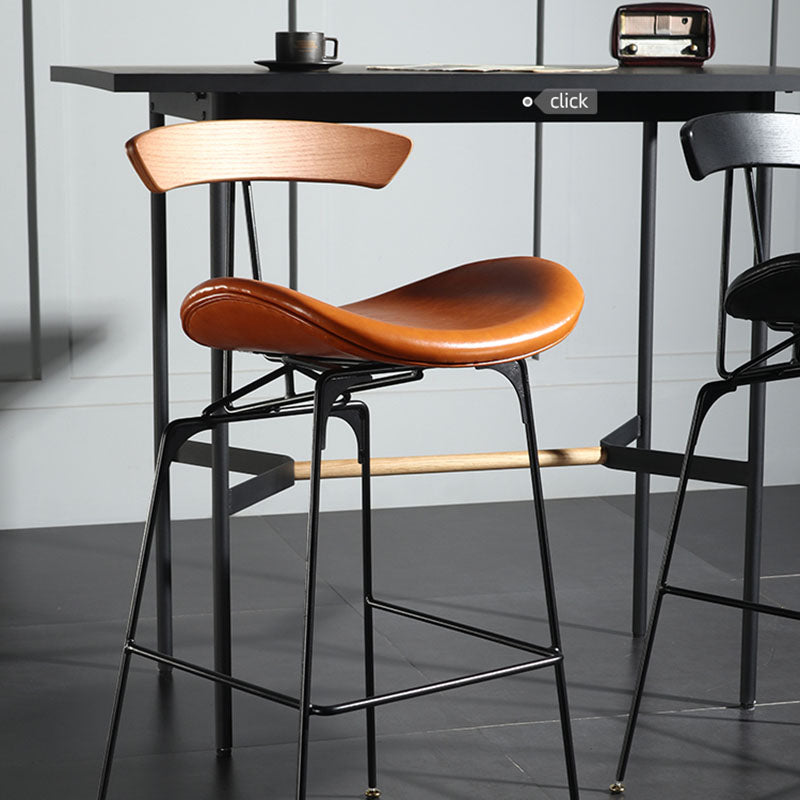 Industrial Footrest Low Back Barstool Matte Finish Leather Milk Tea Shop Stool