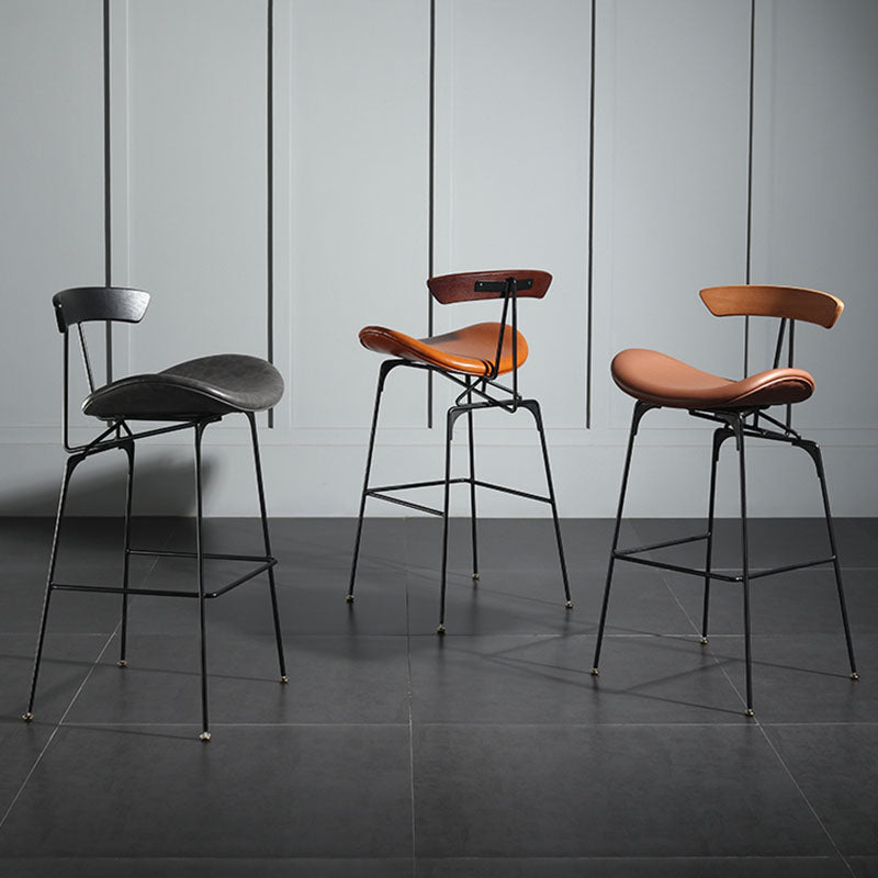 Industrial Footrest Low Back Barstool Matte Finish Leather Milk Tea Shop Stool