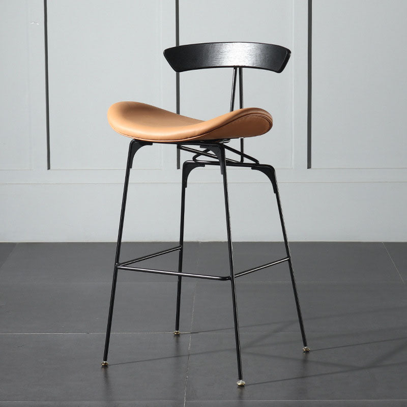 Industrial Footrest Low Back Barstool Matte Finish Leather Milk Tea Shop Stool