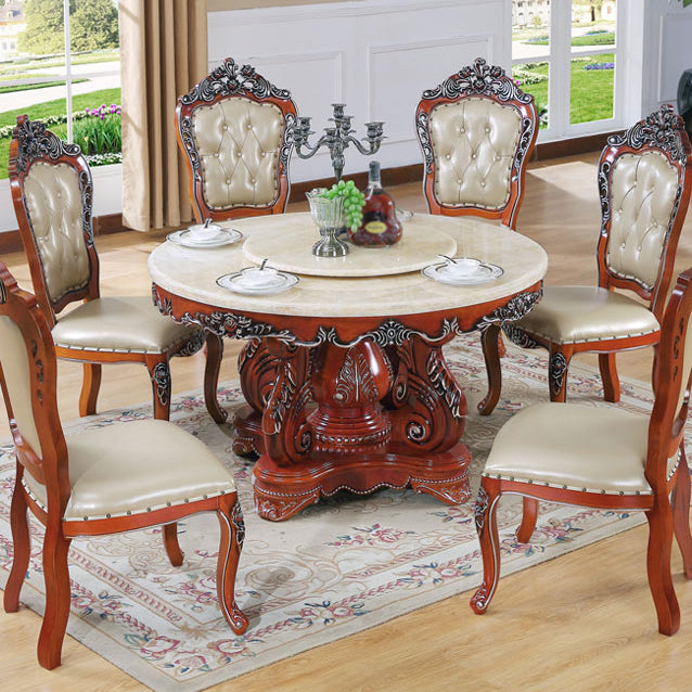 Oak Wood Victorian Round Dining Table Faux Marble Table Top with Pedestal Base