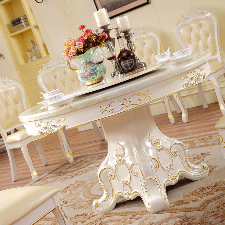 Solid Wood Victorian Round Dining Table Faux Marble Top Table with Pedestal