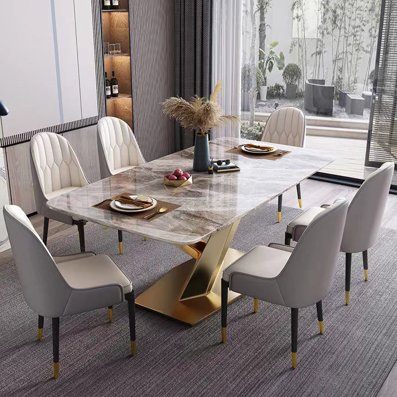 Luxury Sintered Stone Dining Table Rectangle Table with Single Pedestal in Gold