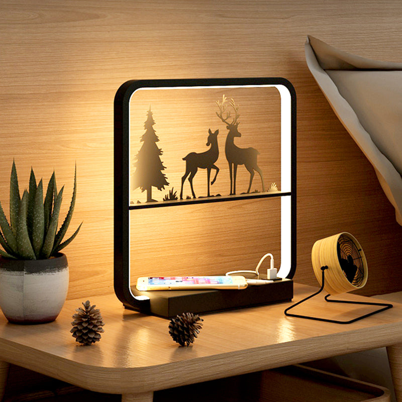 Art Decor Rectangular Night Table Lamp Bedside Black LED Wireless Charger with USB Port