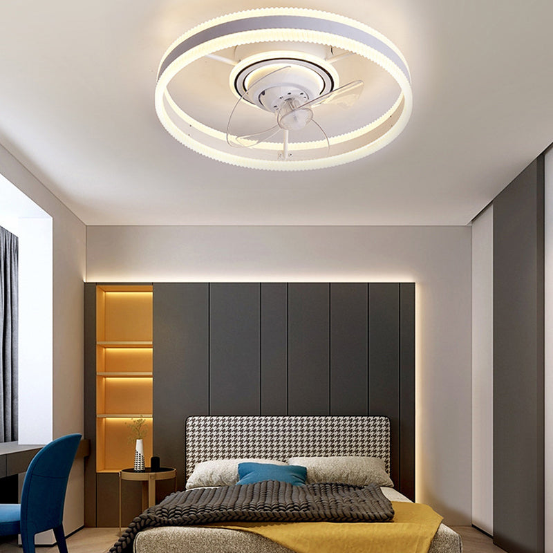 White Round Ceiling Fan 360 Degree Rotatable Minimalist Semi Flush Mount Light