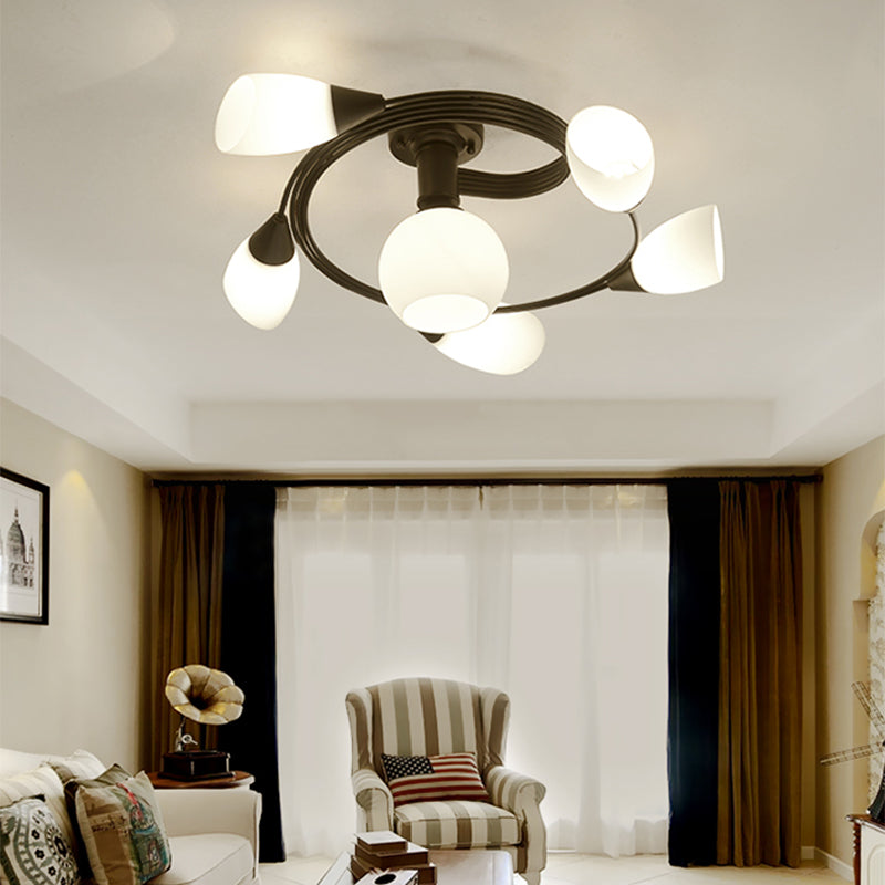 Luz de techo espiral retro de lámpara de vidrio blanco de vidrio semi de montura de montaje para sala de estar