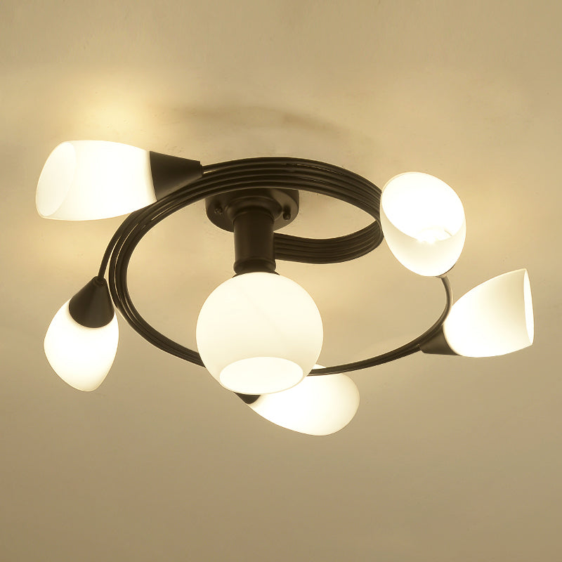 Luz de techo espiral retro de lámpara de vidrio blanco de vidrio semi de montura de montaje para sala de estar