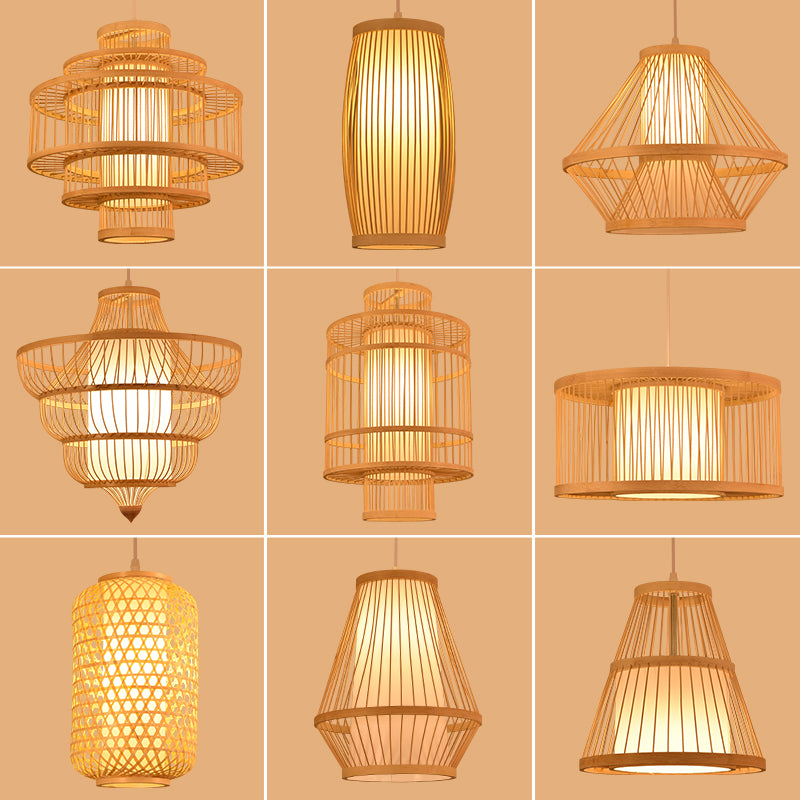 1-Light Chinese Style Bamboo Pendant Light Geometric Hanging Pendant for Restaurant