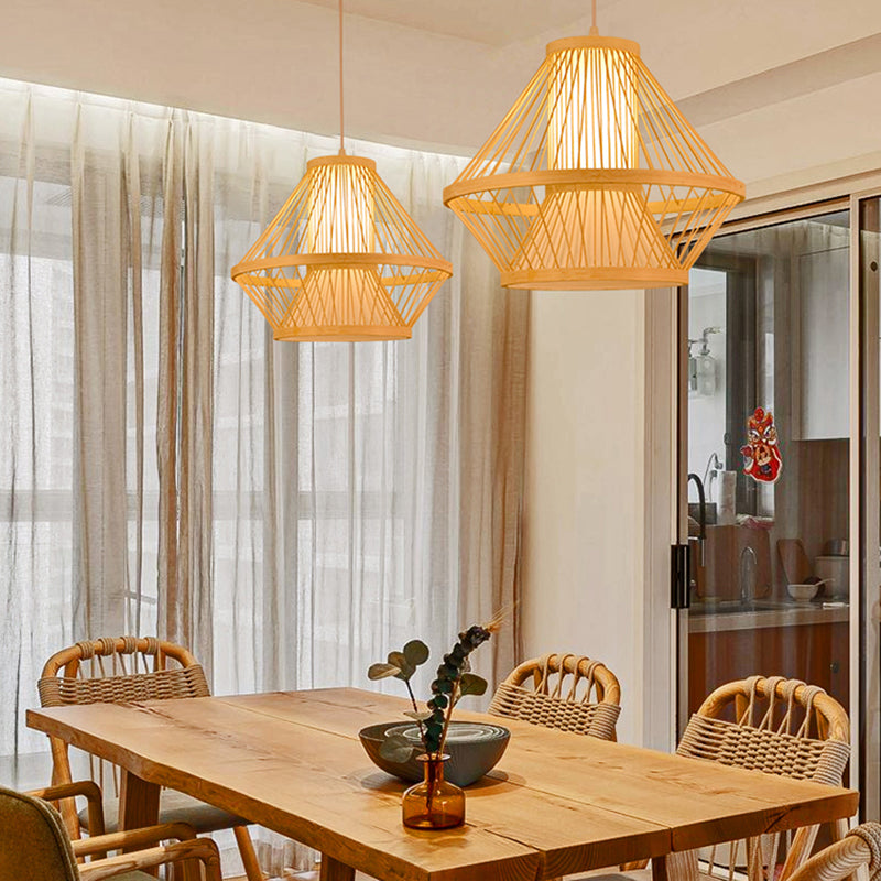 1-Light Chinese Style Bamboo Pendant Light Geometric Hanging Pendant for Restaurant