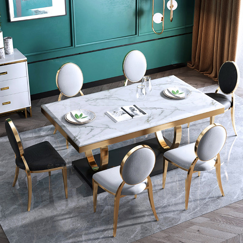 Luxury Marble Dining Table for Restaurant Rectangle Table with Metal Pedestal in Gold
