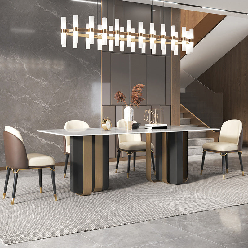 Mesa de comedor rectangular de piedra sinterizada de lujo para interiores con pedestal doble