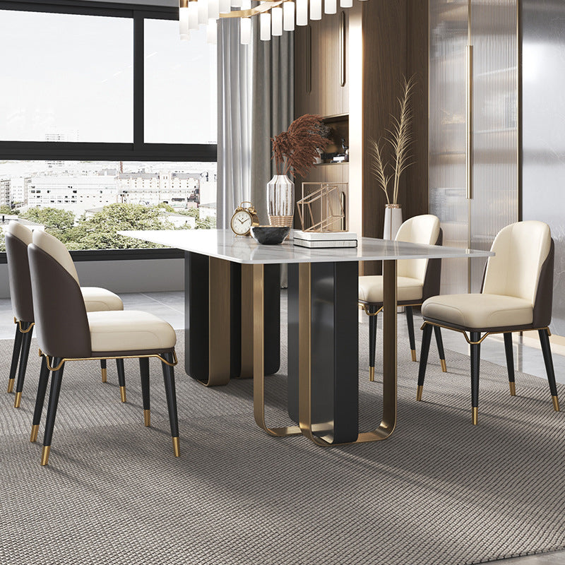 Mesa de comedor rectangular de piedra sinterizada de lujo para interiores con pedestal doble